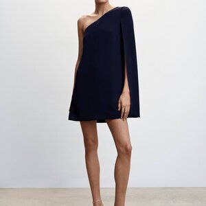 Mango Dark Blue One-Shoulder Cape Dress (Size Small)